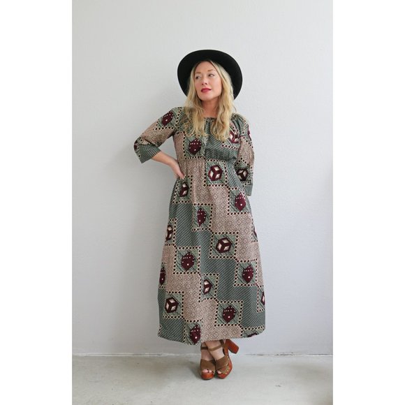 1980's Ankara Super Java African Print Midi Dice Dress // Women's XS to SM - Picture 2 of 9